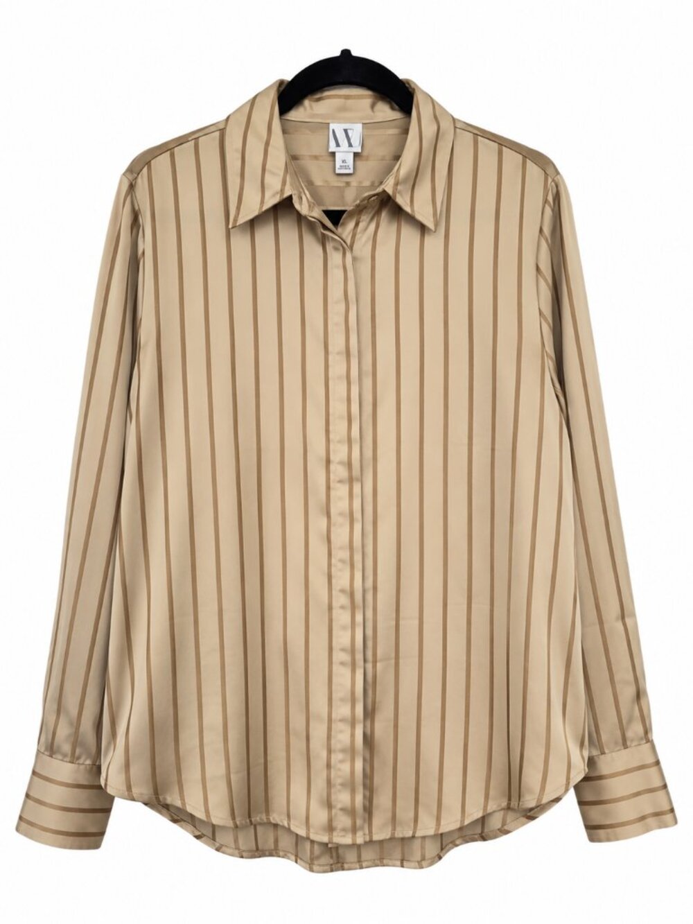 Worthington Women XL Satin Stripe Button Front Blouse Champagne Gold Long Sleeve
